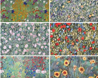 May include: A collection of six fabric swatches featuring floral patterns. The designs include meadows with colorful wildflowers, clusters of pink roses, vibrant red poppies with blue cornflowers, and fields of yellow sunflowers on green backgrounds.