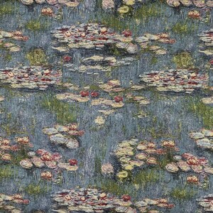 May include: A textile featuring a repeating pattern of water lilies in a pond. The design includes various shades of blue, green, yellow, and red, creating a textured, impressionistic effect. The overall theme is inspired by nature and art.
