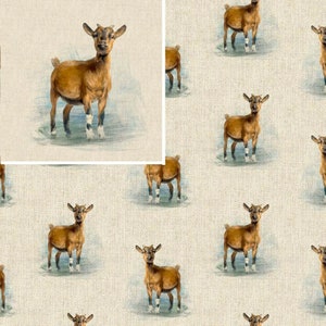 Puede incluir: Patrón repetitivo de cabras marrones con marcas blancas y negras sobre un fondo beige claro. Las cabras están de pie y mirando hacia adelante. Una sola cabra está en un cuadrado blanco en la esquina superior izquierda.