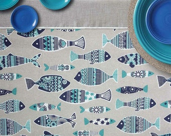 Blue Fish Tablecloth . Rectangle, Oval or Round. 135cm wide Up to 400cm long  .Cotton / Linen  UK Tablecloth UK .  (lush) Christmas Gift