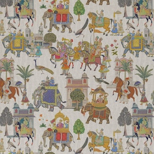 May include: A repeating pattern depicting an Indian procession with elephants, horses, and figures in traditional dress. The design includes buildings, trees, and peacocks, all in a muted colour palette.