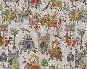 Indian Parade Tablecloth .Rectangle, Oval or Round. 135cm wide Up to 400cm long  .Cotton Linen Look UK Tablecloth (osc) Elephant. Horses