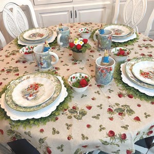 Strawberries Tablecloths. Cotton. Rectangle , Oval and Round . 100 to 400cm by 135cm wide.  Cotton Fabric UK ( myf) Mother&#39;s day gift