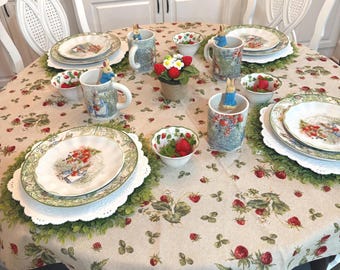 Strawberries Tablecloths. Cotton. Rectangle , Oval and Round . 100 to 400cm by 135cm wide.  Cotton Fabric UK ( myf) Mother's day gift