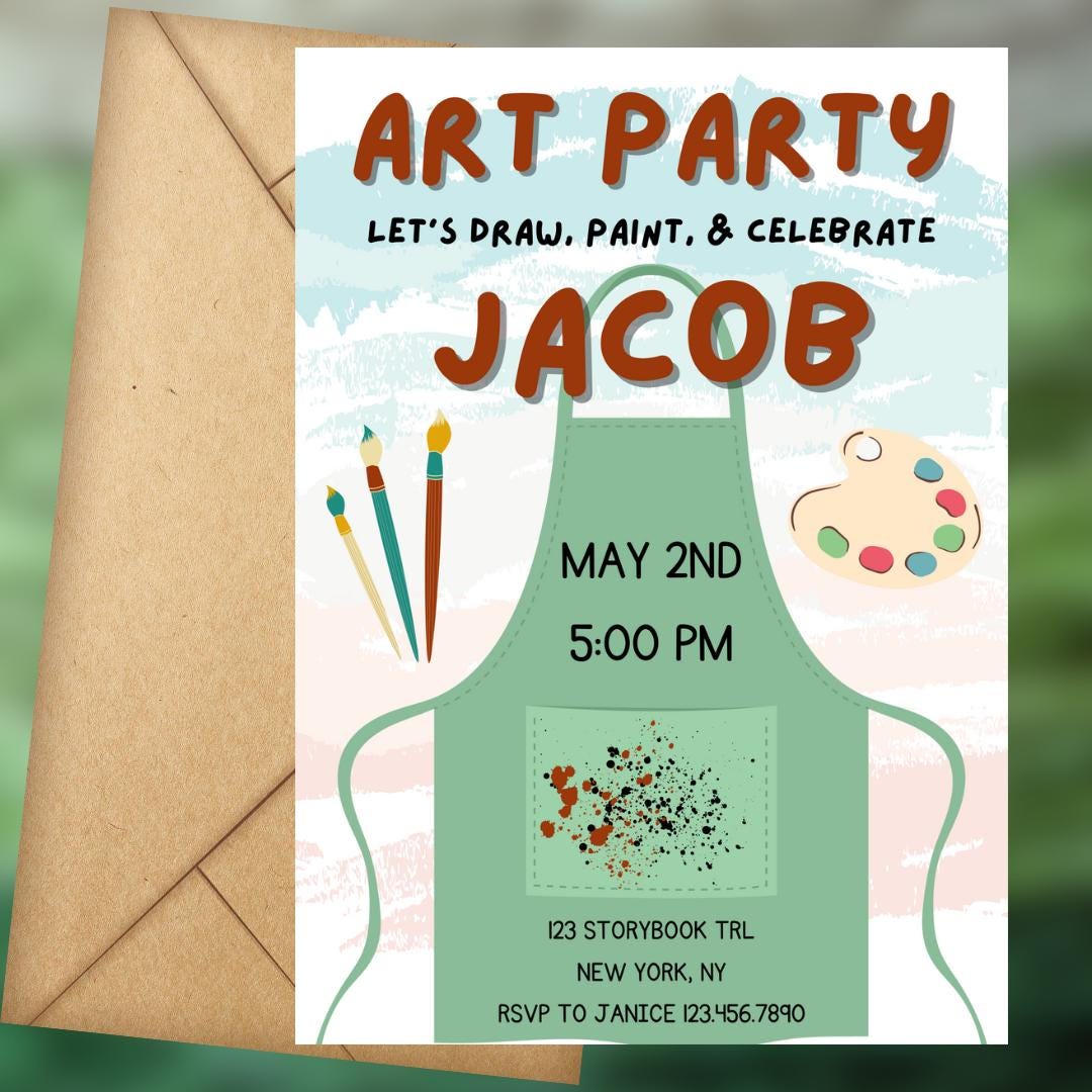 Art Party Apron Birthday Invitation Green Mobile Invitation Artsy ...