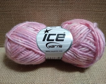 May include: A skein of pink yarn with white and purple streaks. The yarn is labeled "ICE yarns" with the website address "www.iceyarns.com".