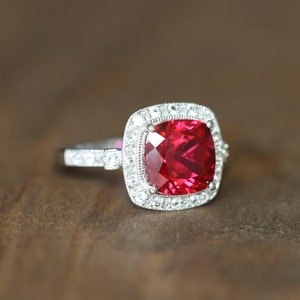 Vintage Inspired Ruby Halo Ring in 14k White Gold Cushion Cut Ruby Engagement Ring July Birthstone Gemstone Ring, Size 7 (Resizable)