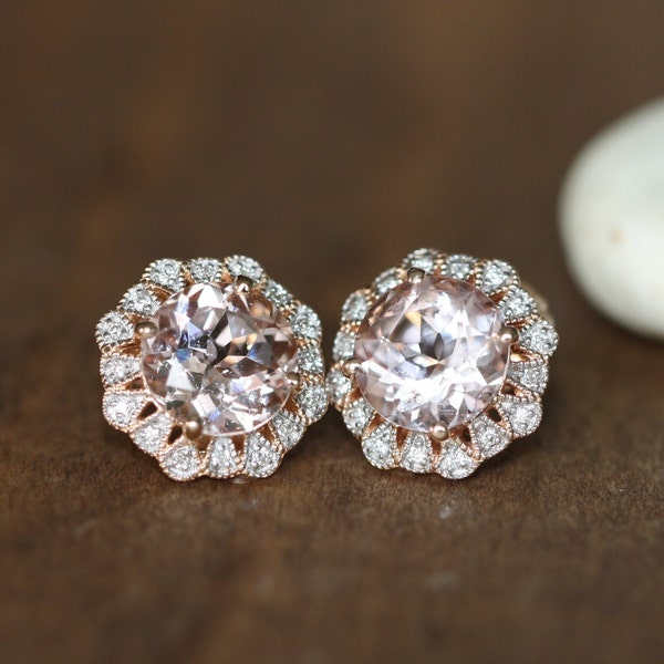 Vintage Inspired Morganite Earrings in 14k Rose Gold Halo Diamond Earrings Round Morganite Studs Peach Pink Morganite Gemstone Earrings
