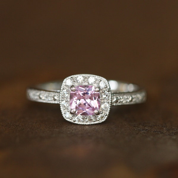 Petite Diamond Pink Sapphire Halo Engagement Ring 14k White Gold Cushion Sapphire Wedding Band September Birthstone Ring, Size 7 (Resizable)
