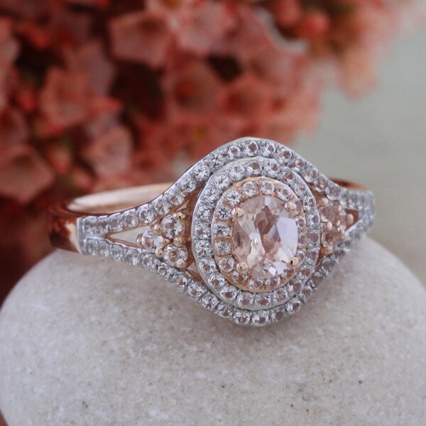 Pink Morganite Ring in 10k Rose Gold Split Band Engagement Ring Halo Engagement Ring, Oval Cut Ring, Ready to Ship, Size 7 (Resizable)