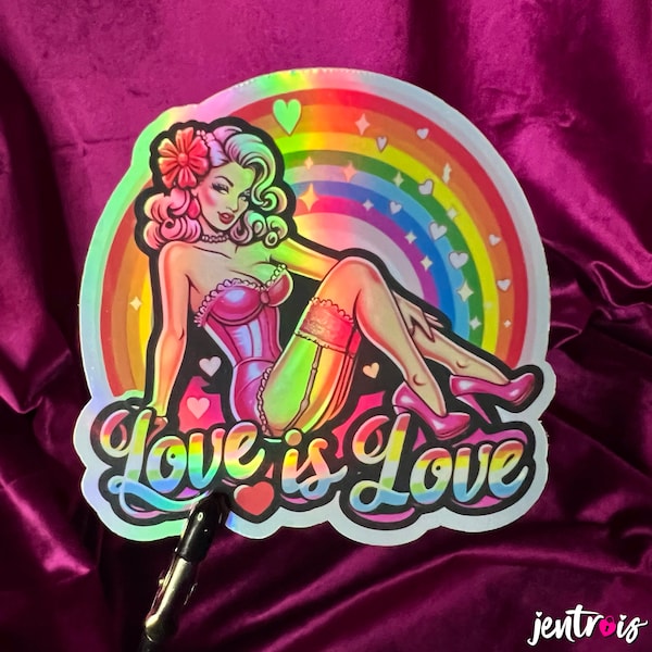 Love is Love Gay Pride Pin Up Rainbow sticker horror & rockabilly fans