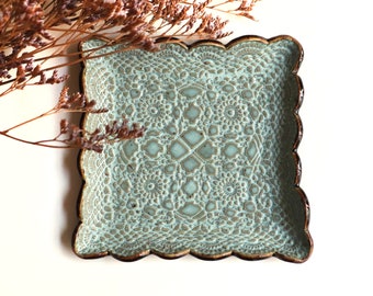 Square dish vintage crocheted doily | Handmade speckled stoneware plate | Aqua and brown glaze | Artisanal bowl with scalloped edge