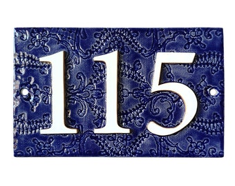 Blue ceramic housenumber sign | Unique personalized house number plate | Custom address sign | Handmade | Vintage brocante lace pattern