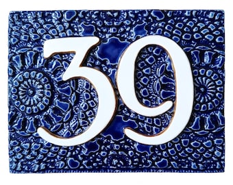 Dark blue house number sign with vintage doily print | Handmade custom ceramic housenumber plaque | Unique personalized address number
