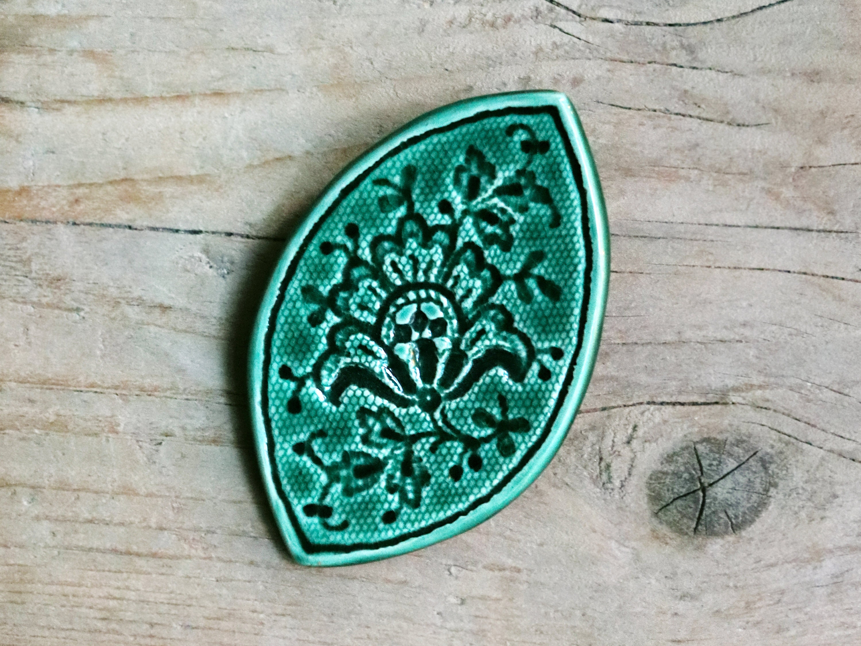 Broche Vintage Moderniste En Céramique Verte - Bijou Rétro Carré, Matière Faïence, Bon état Occasion