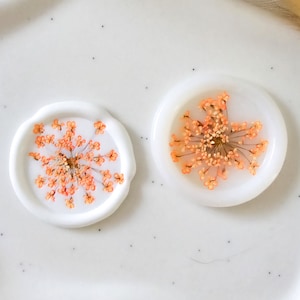 Pegatinas de sello de cera personalizadas autoadhesivas Queen Anne's Lace en naranja para bodas, compromisos, aniversarios, baby shower, regalos, papelería