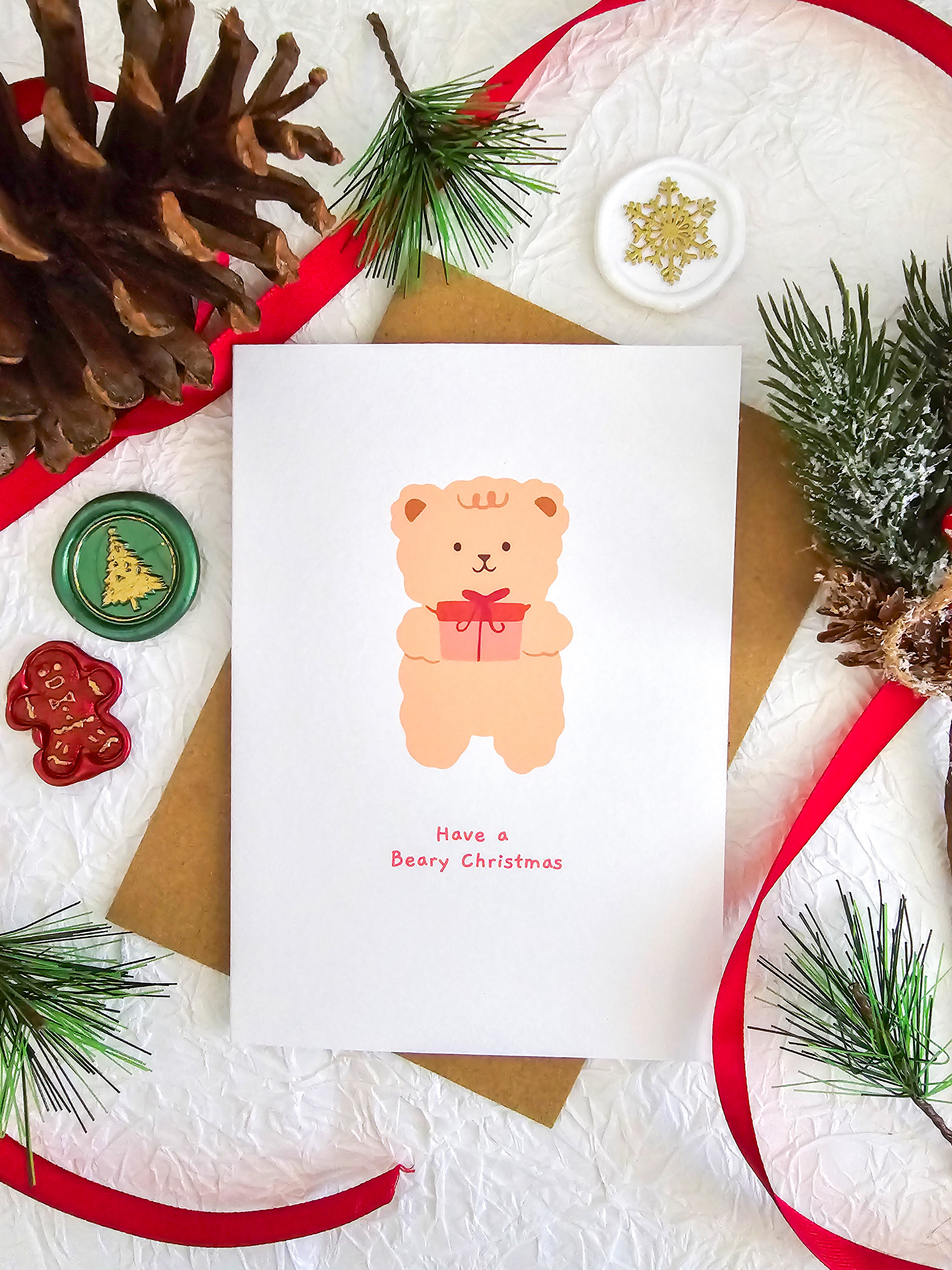 Custom Cute Teddy Bear Christmas Greeting Card | Santa Hat Candy Cane ...