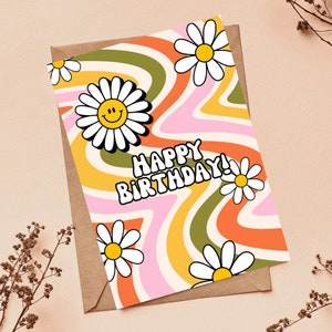 Custom Retro Daisy Birthday Card | Wavy Retro Flower Birthday Card | Greeting Card | Smiley Face Daisy Rainbow | Handmade Card | Blank Card