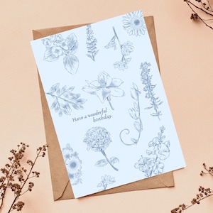 Cartão de aniversário floral vintage azul | Cartão de aniversário botânico rústico | Cartão de felicitações com desenho de flores | Cartão feito à mão | Cartão em branco