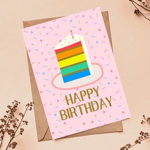 Cartão de aniversário com bolo arco-íris | Cartão de felicitações rosa com sobremesa doce | Cartão de aniversário | Cartão feito à mão | Cartão em branco