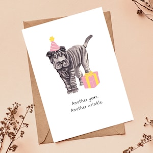 Cartão de aniversário de cachorro fofo e engraçado personalizado | Cartão para amante de cachorro | Cartão para mãe de cachorro | Cartão de Shar Pei em aquarela | Cartão feito à mão com humor de piada | Cartão em branco