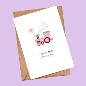 Niedliche Zug Choo Choo Wortspiel Karte zum Valentinstag | Karte für Partner oder Mann oder Frau oder Freundin oder Freund | Handgemachte Karte
