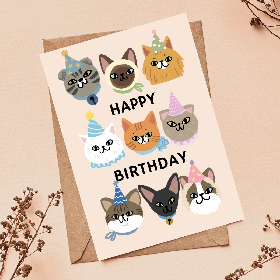 Cute Cat Birthday Card | Cat Lover Card | Card for Cat Mum | Cartoon ...