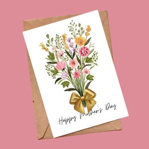 3D Mother's Day Greeting Card | Pink Flowers Card | Cute Glitter Gold Bow Handmade Card | Modern and Minimalistic | Blank Card