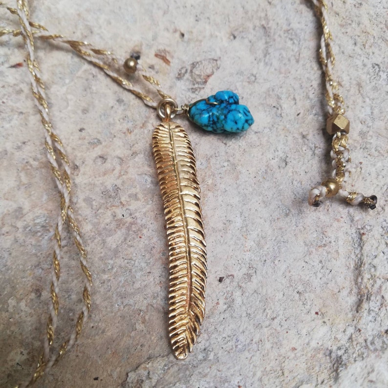 Turquoise necklace unisex jewelry leaf necklace choker necklace gold brass feather necklace long necklace yoga necklace boho necklace