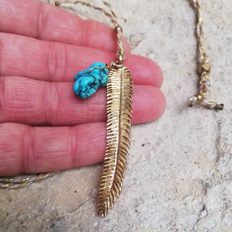 Turquoise necklace unisex jewelry leaf necklace choker necklace gold brass feather necklace long necklace yoga necklace boho necklace