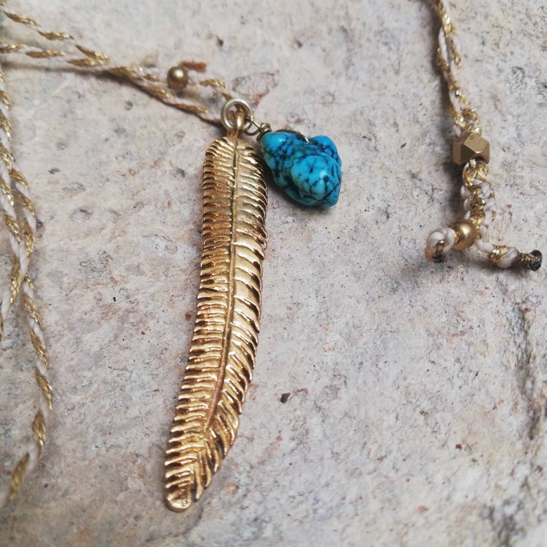 Turquoise necklace unisex jewelry leaf necklace choker necklace gold brass feather necklace long necklace yoga necklace boho necklace