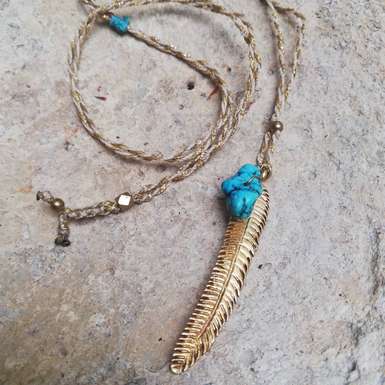 Turquoise necklace unisex jewelry leaf necklace choker necklace gold brass feather necklace long necklace yoga necklace boho necklace