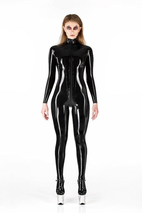 Basic black latex catsuit for woman with socks
