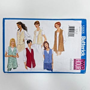 May include: A vintage Butterick sewing pattern, featuring illustrations of vests in various styles. The pattern includes a range of vest designs, with options for different fabrics and colors. The package is blue with the number 5888 and the words "Two Hour" and "Classics".
