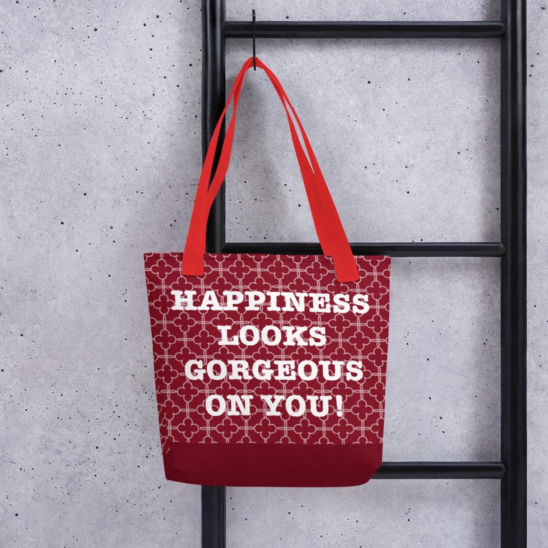 vegan tote vegan bag Happiness looks gorgeous on you Tote bag Red tote bag