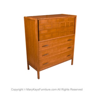 Mid-Century Walnut Weave Pattern Tall Dresser image 6