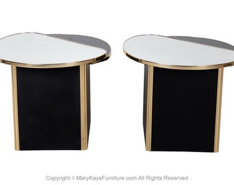 Pair Postmodern End Side Tables Mirror Top Black Pedestal Base