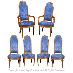 Six French Louis XVI High Back Blue Velvet Walnut Dining Chairs image 1