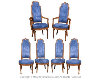 Six French Louis XVI High Back Blue Velvet Walnut Dining Chairs