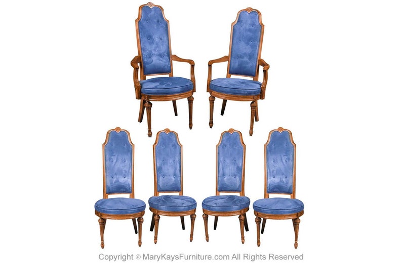 Six French Louis XVI High Back Blue Velvet Walnut Dining Chairs image 1