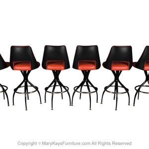 Six Mid Century Black and Orange Swivel Bar Stools 1970s image 3