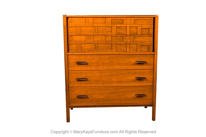 Mid-Century Walnut Weave Pattern Tall Dresser image 1