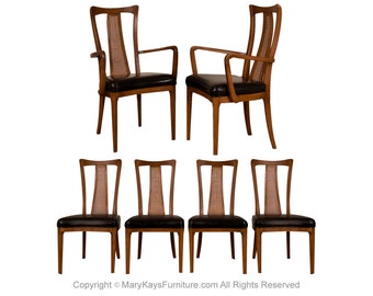 Seis sillas de comedor Mid-Century con respaldo de caña de nogal