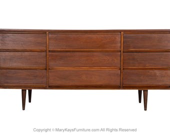 Mid-Century Modern Walnut 9 Drawer Dresser by Dixie