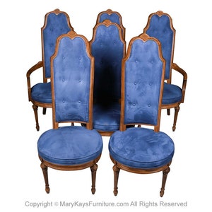 Six French Louis XVI High Back Blue Velvet Walnut Dining Chairs image 4