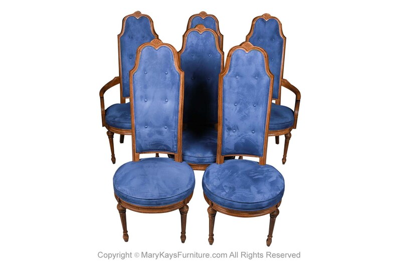 Six French Louis XVI High Back Blue Velvet Walnut Dining Chairs image 4