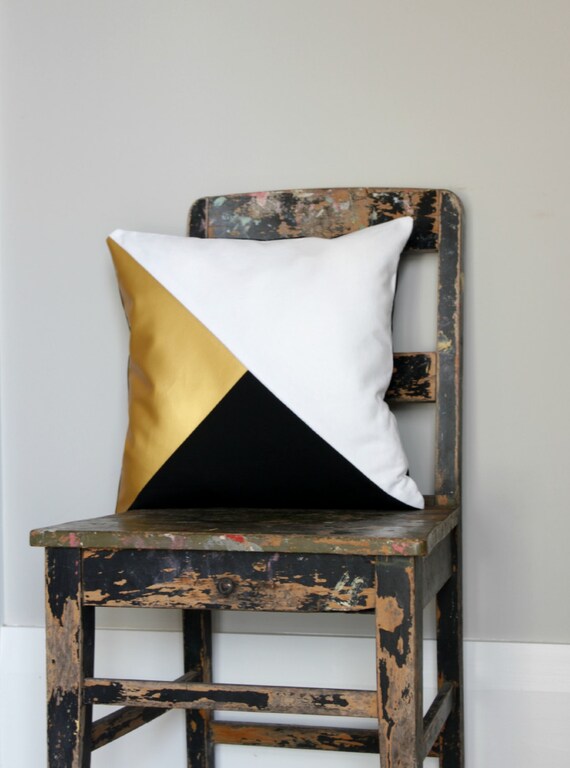 Geometric Black White & Metallic Gold Pillow Cover Etsy
