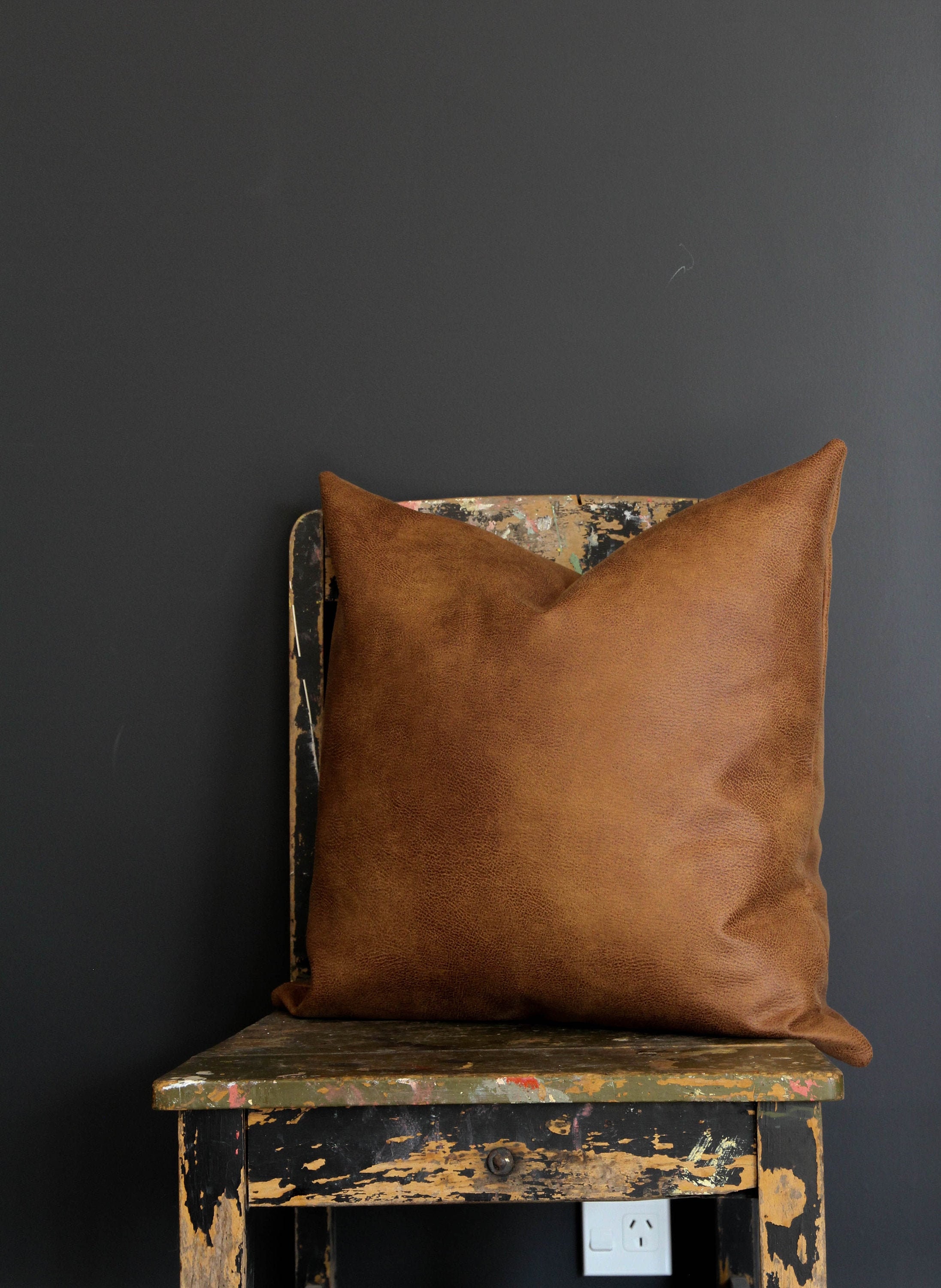Tan Faux Leather Throw Pillow// Ochre Leather Look cushion // Etsy
