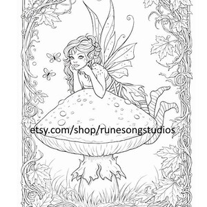 May include: Black and white illustration of a fairy resting on a mushroom, surrounded by leaves and vines. The fairy has wings and is gazing at the viewer. The image includes the text "etsy.com/shop/runesongstudios".
