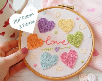 Love Hearts Hand Embroidery Instant Download PDF Pattern / Printable Beginners Embroidery Hoop Art Tutorial / Embroidered Lettering